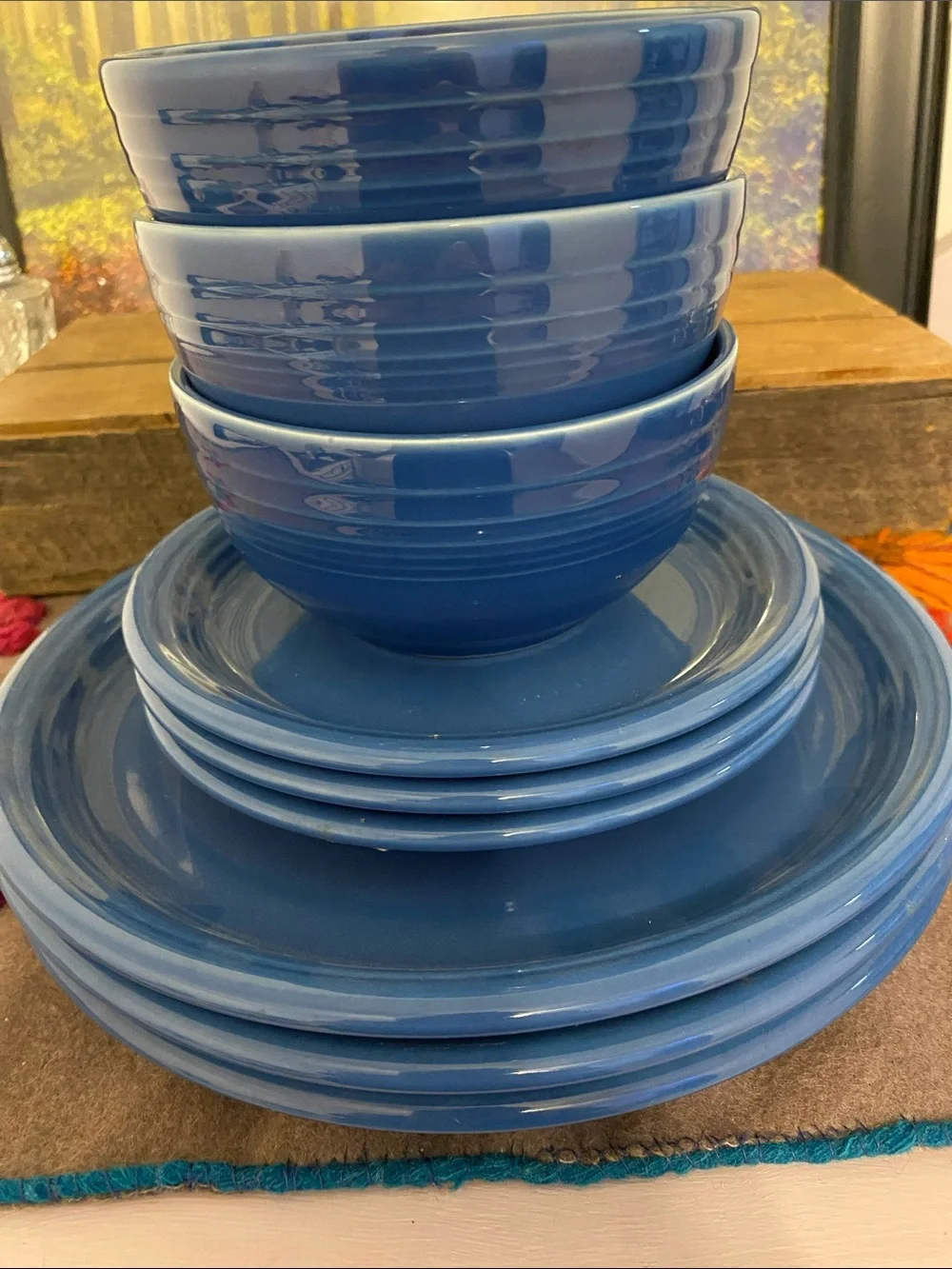 Fiesta Blue Ceramic Dinner Plates & Bowls Set.  Three of each, no damage